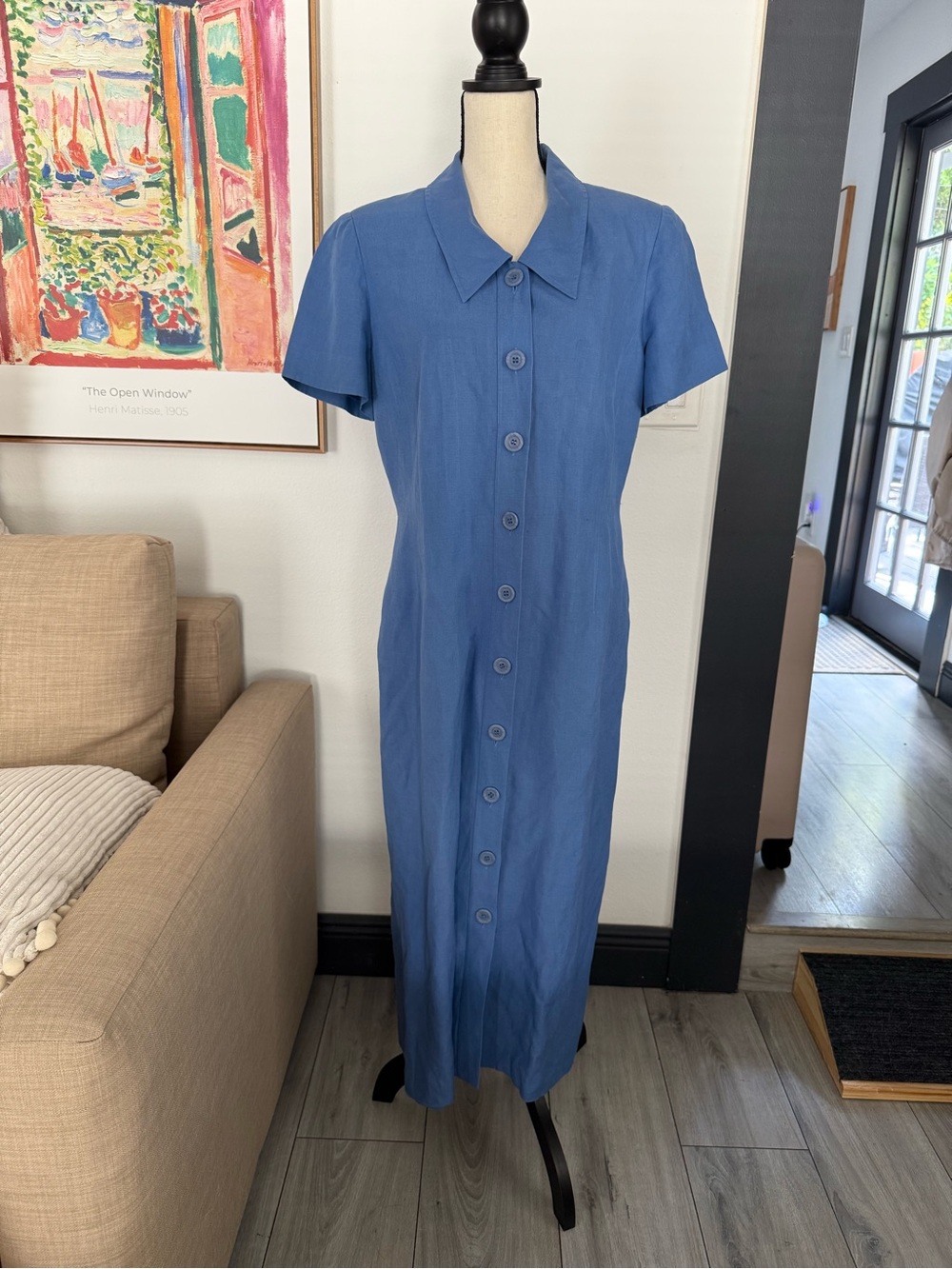 Maggy London Blue Silk Linen Button Front Midi Dress Size 14